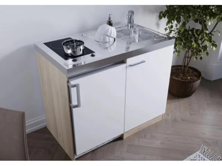 Clearance Respekta Miniküche MK100ESWC 100 cm -Eiche Sägerau Nachbildung Weiß