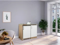 Clearance Respekta Miniküche MK100ESWC 100 cm -Eiche Sägerau Nachbildung Weiß