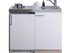 Clearance Respekta Miniküche MK100ESWC 100 cm -Eiche Sägerau Nachbildung Weiß