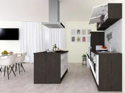 Outlet Inselküche 280 cm Weiß Hochglanz-Eiche Grau Inselhauben|Kücheninseln