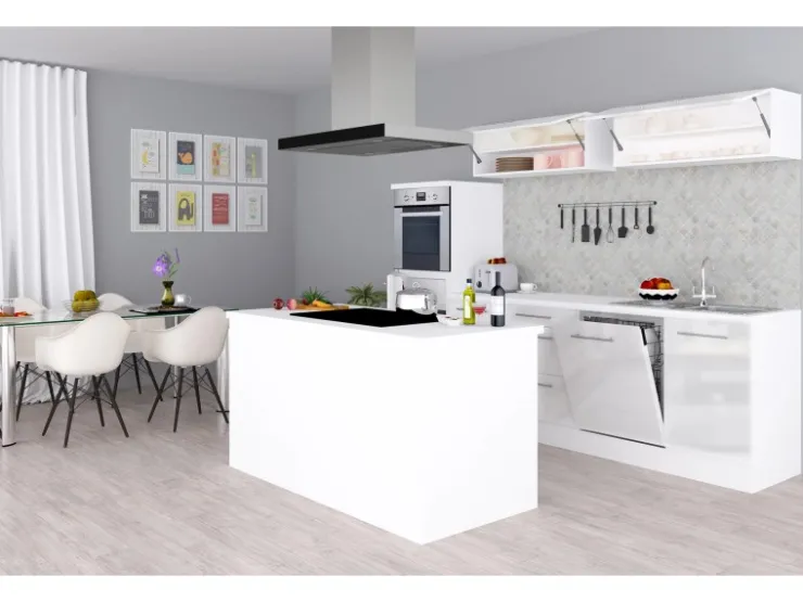 Clearance Respekta Premium Inselküche 280 cm -Eiche Grau Grau Hochglanz