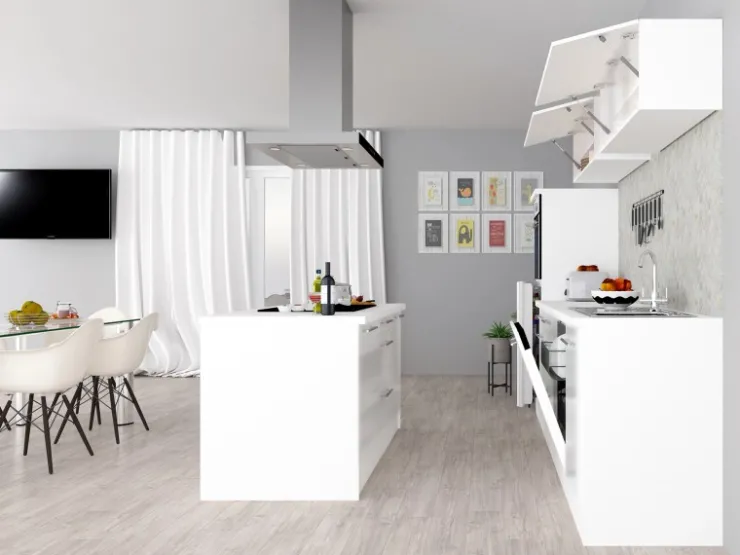Clearance Respekta Premium Inselküche 280 cm -Eiche Grau Grau Hochglanz