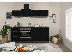 Respekta Premium Einbauküchen<Küchenzeile 210 cm -Eiche Grau Schwarz Hochglanz