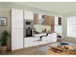 Sale Premium Küchenzeile GLRP445HESWGKEOES Grifflos 445 cm Weiß Eiche NB Kühlschränke|Einbauküchen