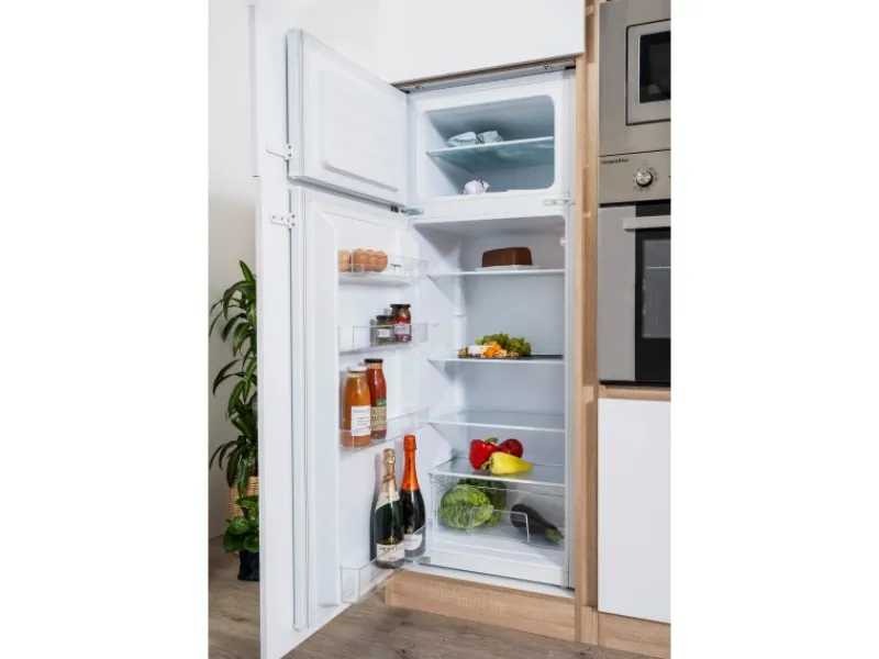 Sale Premium Küchenzeile GLRP445HESWGKEOES Grifflos 445 cm Weiß Eiche NB Kühlschränke|Einbauküchen