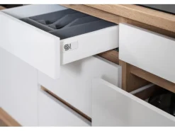 Sale Premium Küchenzeile GLRP445HESWGKEOES Grifflos 445 cm Weiß Eiche NB Kühlschränke|Einbauküchen