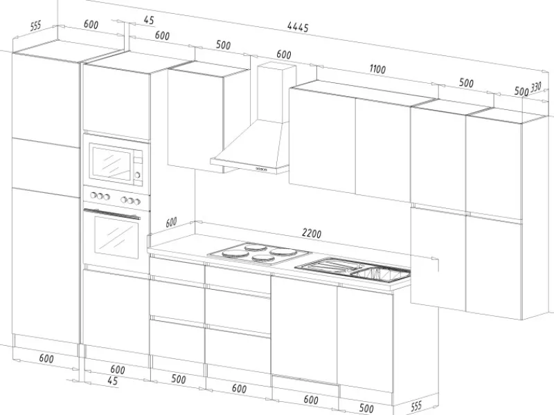 Sale Premium Küchenzeile GLRP445HESWGKEOES Grifflos 445 cm Weiß Eiche NB Kühlschränke|Einbauküchen