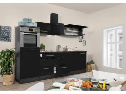 Respekta Premium Kühlschränke|Winkelküchen<Küchenzeile 270 cm Hochbau -Eiche Grau Schwarz Hochglanz