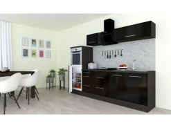 Respekta Premium Kühlschränke|Winkelküchen<Küchenzeile 270 cm Hochbau -Eiche Grau Schwarz Hochglanz