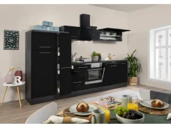 Respekta Premium Kühlschränke|Einbauküchen<Küchenzeile 310 cm -Eiche Grau Schwarz Hochglanz