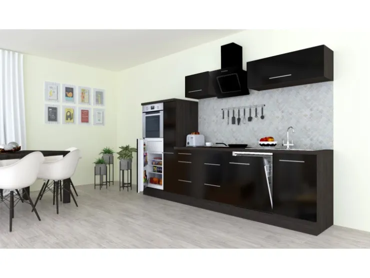 Online Respekta Premium Küchenzeile 310 cm Hochbau -Eiche Grau Schwarz Hochglanz