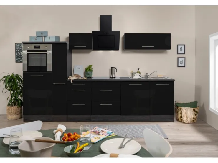 Online Respekta Premium Küchenzeile 310 cm Hochbau -Eiche Grau Schwarz Hochglanz