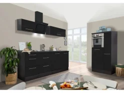 Online Respekta Premium Küchenzeile 310 cm Hochbau -Eiche Grau Schwarz Hochglanz