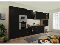 Respekta Premium Kochfelder|Kühlschränke<Küchenzeile Grifflos 435 cm -Eiche Sägerau Schwarz Hochglanz