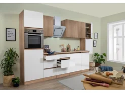 Best Premium Küchenzeile GLRP330HESWOES Grifflos 330 cm Weiß Eiche Säger. NB Kochfelder|Kühlschränke