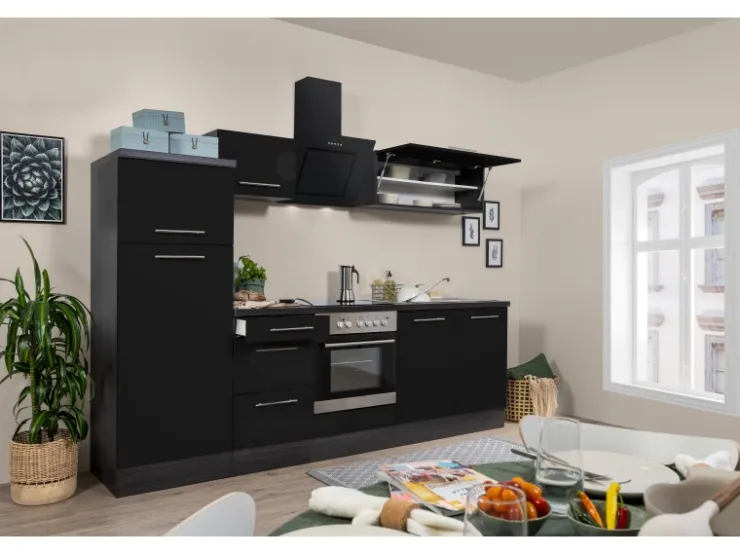 Respekta Premium Kochfelder|Kühlschränke<Küchenzeile 270 cm -Eiche Grau Schwarz Hochglanz