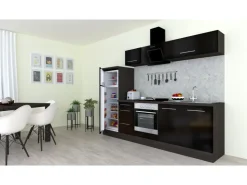 Respekta Premium Kochfelder|Kühlschränke<Küchenzeile 270 cm -Eiche Grau Schwarz Hochglanz