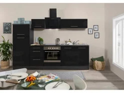 Respekta Premium Kochfelder|Kühlschränke<Küchenzeile 270 cm -Eiche Grau Schwarz Hochglanz