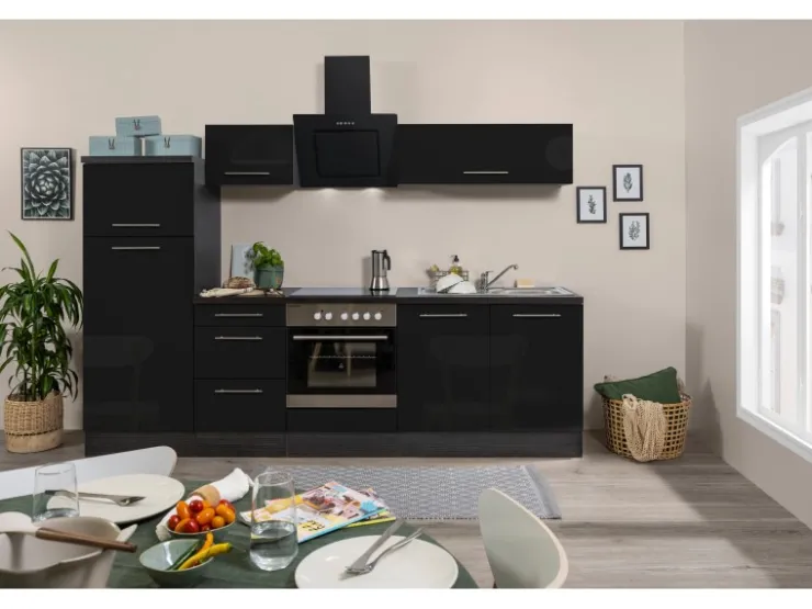 Respekta Premium Kochfelder|Kühlschränke<Küchenzeile 270 cm -Eiche Grau Schwarz Hochglanz