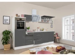 Hot Respekta Premium Küchenzeile 280 cm Hochbau -Eiche Grau Schwarz Hochglanz