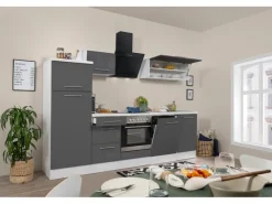 Respekta Premium Kochfelder|Kühlschränke<Küchenzeile 280 cm -Weiß Grau Hochglanz