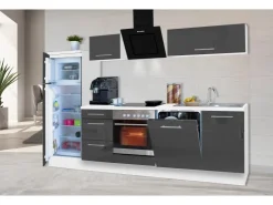 Respekta Premium Kochfelder|Kühlschränke<Küchenzeile 280 cm -Weiß Grau Hochglanz