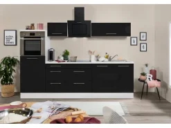 Respekta Premium Kochfelder|Kühlschränke<Küchenzeile 270 cm Hochbau -Weiß Schwarz Hochglanz