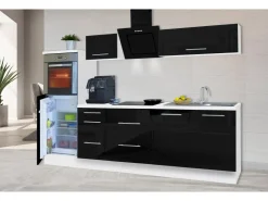 Respekta Premium Kochfelder|Kühlschränke<Küchenzeile 270 cm Hochbau -Weiß Schwarz Hochglanz