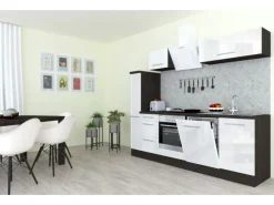 Discount Küchenzeile 250 cm Weiß Hochglanz-Eiche Grau Kochfelder