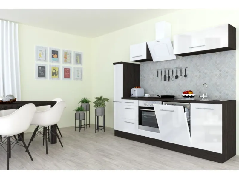 Discount Küchenzeile 250 cm Weiß Hochglanz-Eiche Grau Kochfelder