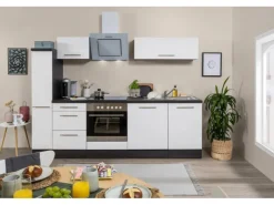 Discount Küchenzeile 250 cm Weiß Hochglanz-Eiche Grau Kochfelder