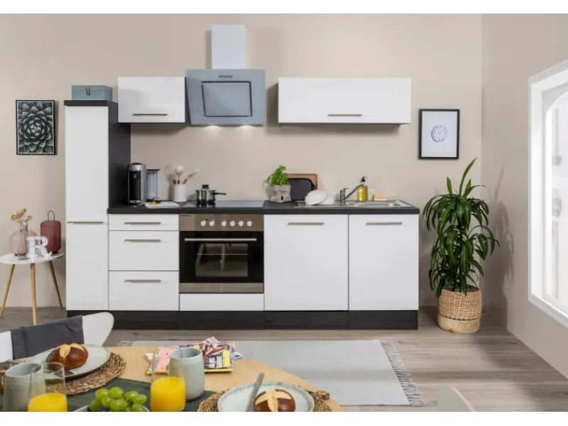 Discount Küchenzeile 250 cm Weiß Hochglanz-Eiche Grau Kochfelder