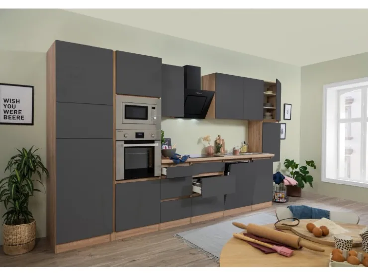 Respekta Premium Kochfelder|Kühlschränke<Küchenzeile Grifflos 395 cm -Eiche Sägerau Grau Hochglanz