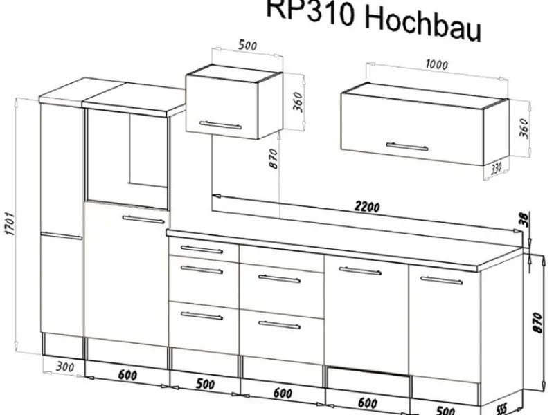 Best Premium Küchenzeile Amanda 310 cm Beton-Optik-Weiß Kühlschränke|Kochfelder