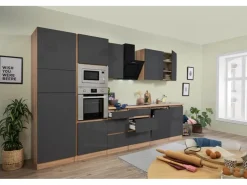 Respekta Premium Kühlschränke|Kochfelder<Küchenzeile Grifflos 345 cm -Eiche Sägerau Grau Hochglanz