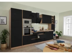 Outlet Respekta Premium Küchenzeile Grifflos 395 cm -Eiche Sägerau Schwarz Hochglanz