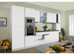 Discount Küchenzeile Grifflos 385 cm Weiß Matt-Weiß Winkelküchen