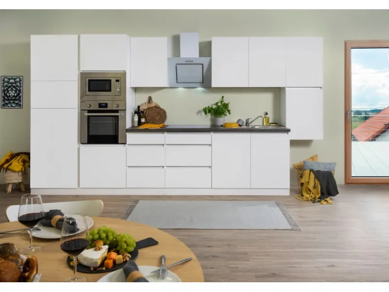 Discount Küchenzeile Grifflos 385 cm Weiß Matt-Weiß Winkelküchen