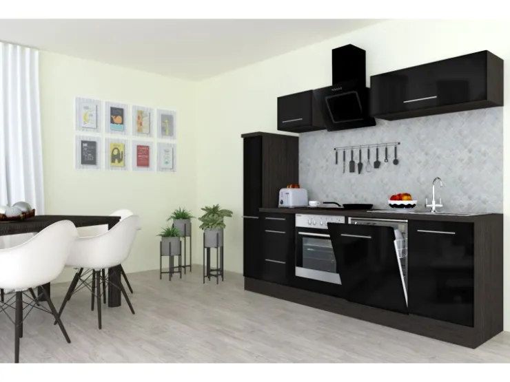 Sale Respekta Premium Küchenzeile 250 cm -Eiche Grau Schwarz Hochglanz