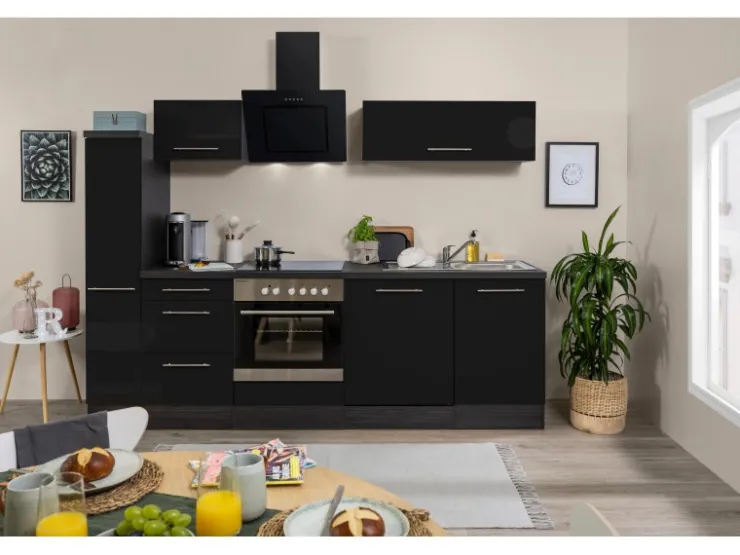 Sale Respekta Premium Küchenzeile 250 cm -Eiche Grau Schwarz Hochglanz