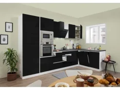 Respekta Premium Winkelküchen|Kühlschränke<Winkelküche Grifflos 345 cm -Weiß Schwarz Hochglanz