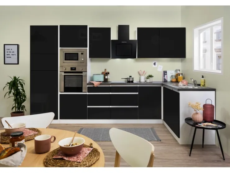 Respekta Premium Winkelküchen|Kühlschränke<Winkelküche Grifflos 345 cm -Weiß Schwarz Hochglanz
