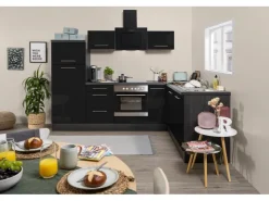 Online Respekta Premium Winkelküche 260 x 200 cm -Eiche Grau Schwarz Hochglanz