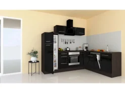 Online Respekta Premium Winkelküche 260 x 200 cm -Eiche Grau Schwarz Hochglanz