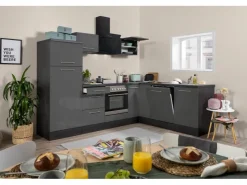 Respekta Premium Winkelküchen|Kochfelder<Winkelküche 260 x 200 cm -Eiche Grau Grau Hochglanz