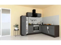 Respekta Premium Winkelküchen|Kochfelder<Winkelküche 260 x 200 cm -Eiche Grau Grau Hochglanz