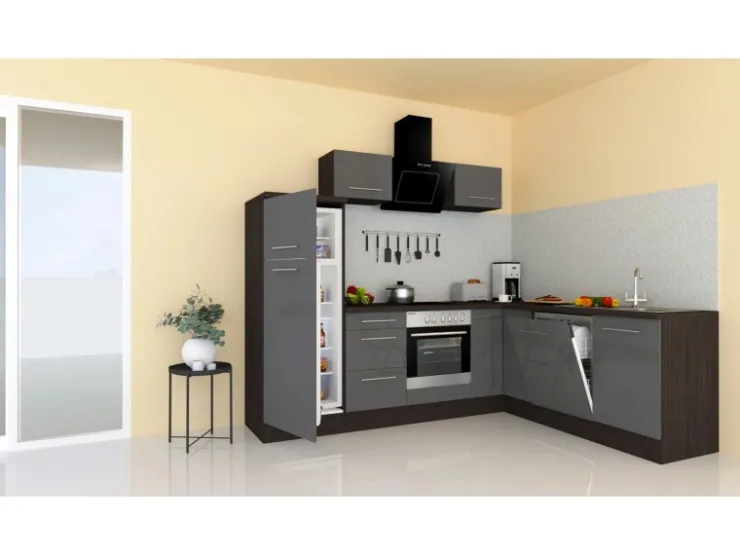 Respekta Premium Winkelküchen|Kochfelder<Winkelküche 260 x 200 cm -Eiche Grau Grau Hochglanz