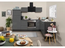 Respekta Premium Winkelküchen|Kochfelder<Winkelküche 260 x 200 cm -Eiche Grau Grau Hochglanz