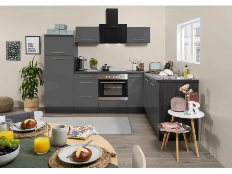 Respekta Premium Winkelküchen|Kochfelder<Winkelküche 260 x 200 cm -Eiche Grau Grau Hochglanz