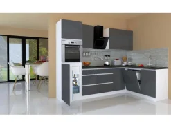 Respekta Premium Winkelküchen|Einbauküchen<Winkelküche Grifflos 280 cm -Weiß Grau Hochglanz